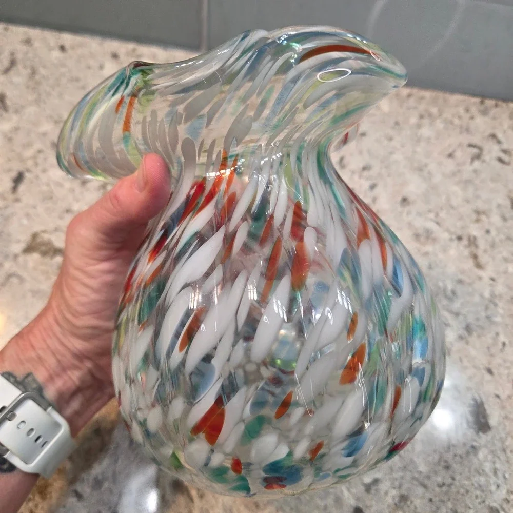 Hand Blown‎ Confetti Glass Vase Ruffled Rim Multi Color Splatter Art Glass 6.5
